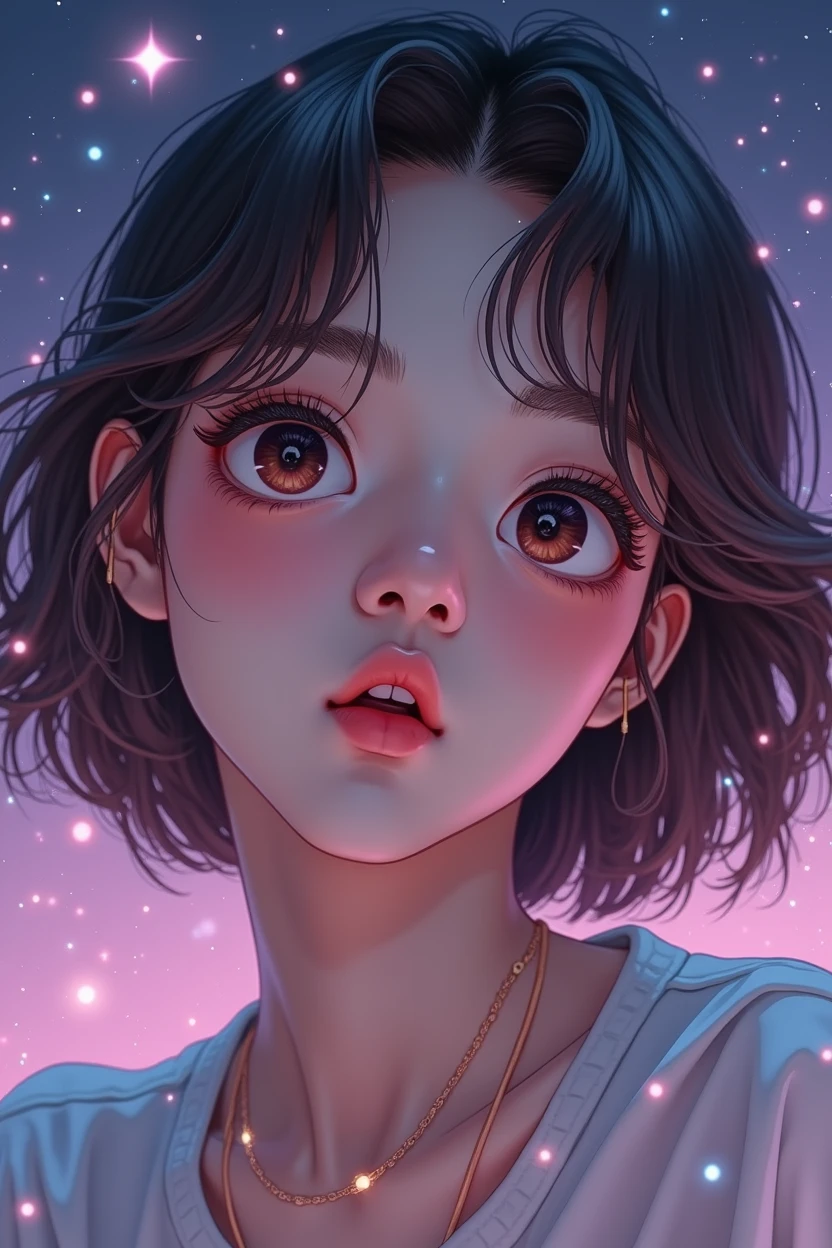 A portrait shot of A realistic young woman with korean features. with short, wavy hair colored light brown. Energetic expression. The background is pastel purple/ dark blue with stars