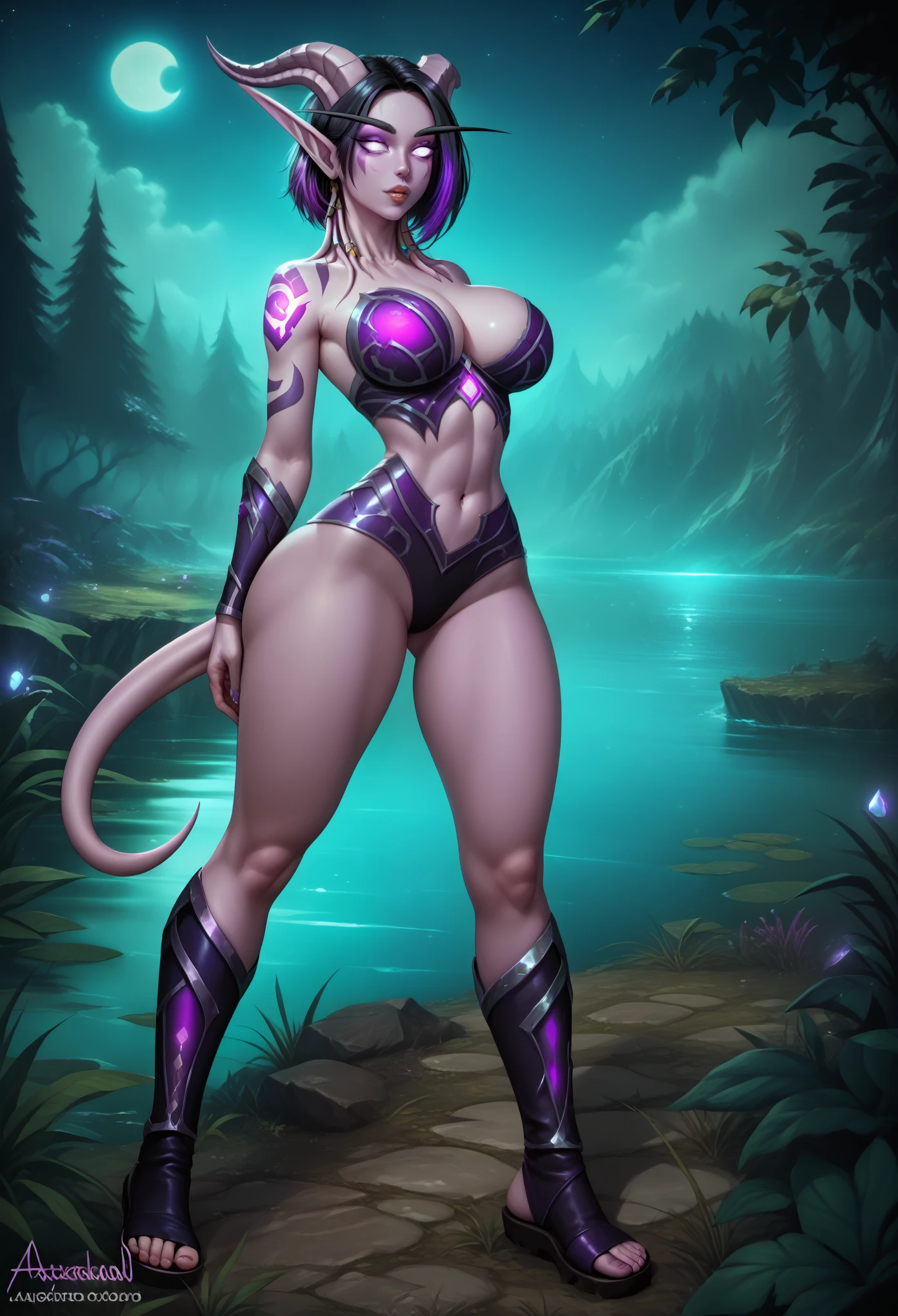 A full body image of a night elf and void forged draenei halfbreed woman with pale white skin, long pointy ears and long draenei horns, she looks like a blend of elf and draenei features, she has face tentacles, large round breasts, narrow waist, wide hips, she's sensualy licking the tip of her long tail, she has and glowing purple eyes, midnight black hair in the form of a pixie cut with purple glowing highlights, jewelry over the body including on the tail and the horns, horn ornaments, glowing tattoos and void forged purple ornaments on the skin, purple glowing gems embedded into the horns and skin she wears a black chic outfit with purple highlights, she's wearing black sandals on her elf feet, she has no hooves, visible bellybutton, in a magical forest with a lake, ardenweald, we can see her feet, intricate details, moonlight, night hours, photorealistic,8k,best quality,masterpiece,score_9_up, score_8_up,score_7_up,
