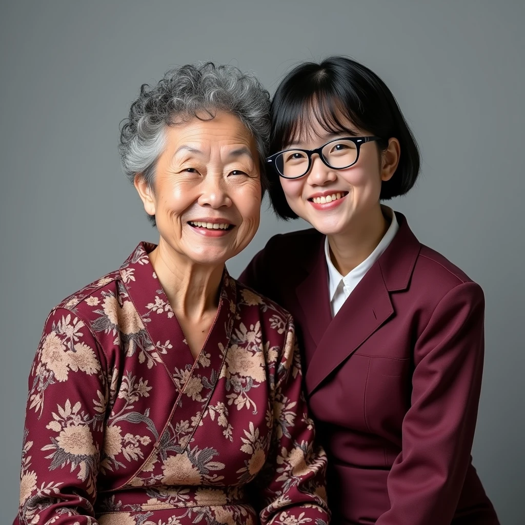 photorealisic portrait taken at studio, family photo shows a grandma of 50-yo, together with her granddaughter of age 19, asian female, they are having different figures: "the grandma has round face with wrinkles, nice smile, grey short curly hair, wearing traditional burgundy-red floral pattern grandma dress"; "the young lady granddaughter is age of 19, is a post-secondary school student , wears school sport track suit & t-shirt casual wear, one length black hair, wear black-framed glasses", in flat grey background