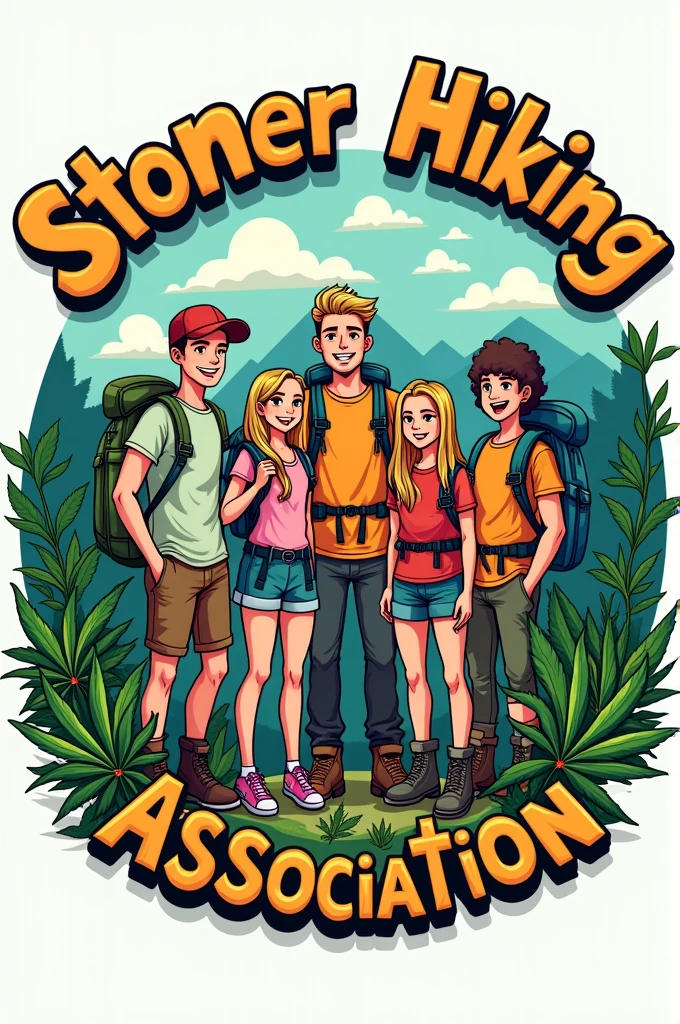 Round Logo for: Hiking club that smokes weed, with name "Stoner Hiking Association" around it, please include more weed, can you make it cartoony (young adult group of 5: two blond girls; a really tall and buff blond guy; a medium tall blond guy; and a shorter brunette guy) and cool , fix spelling