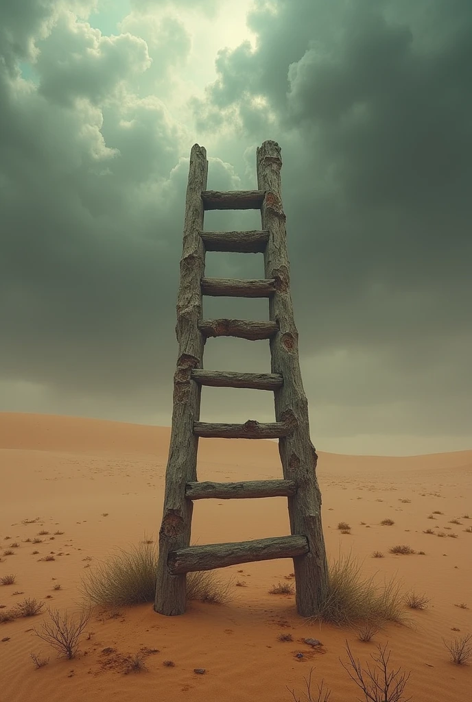 an old wooden ladder in the desert under the cursed sky