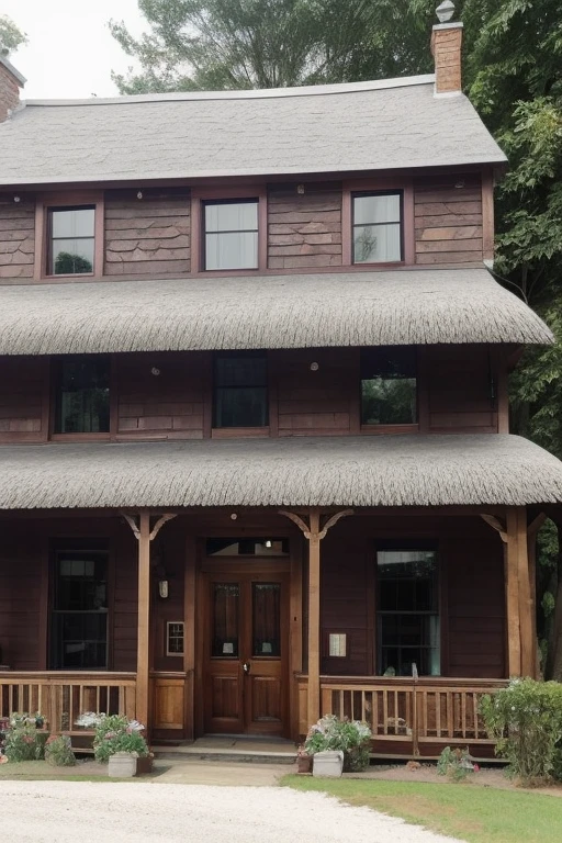 A beautiful modest stone building business with a wooden sign over the door stating "The Cantata Parlor Supper Club and Spa"  No electricity. old English thatch roof style