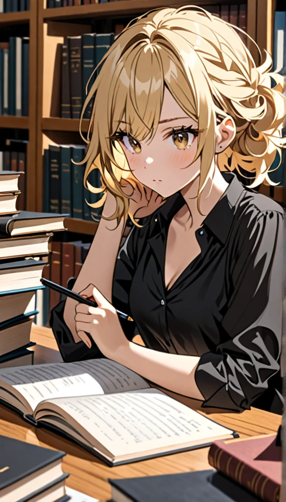 Beautiful and blond, messy styled hair, black shirt, studying in the library, looking fancy,