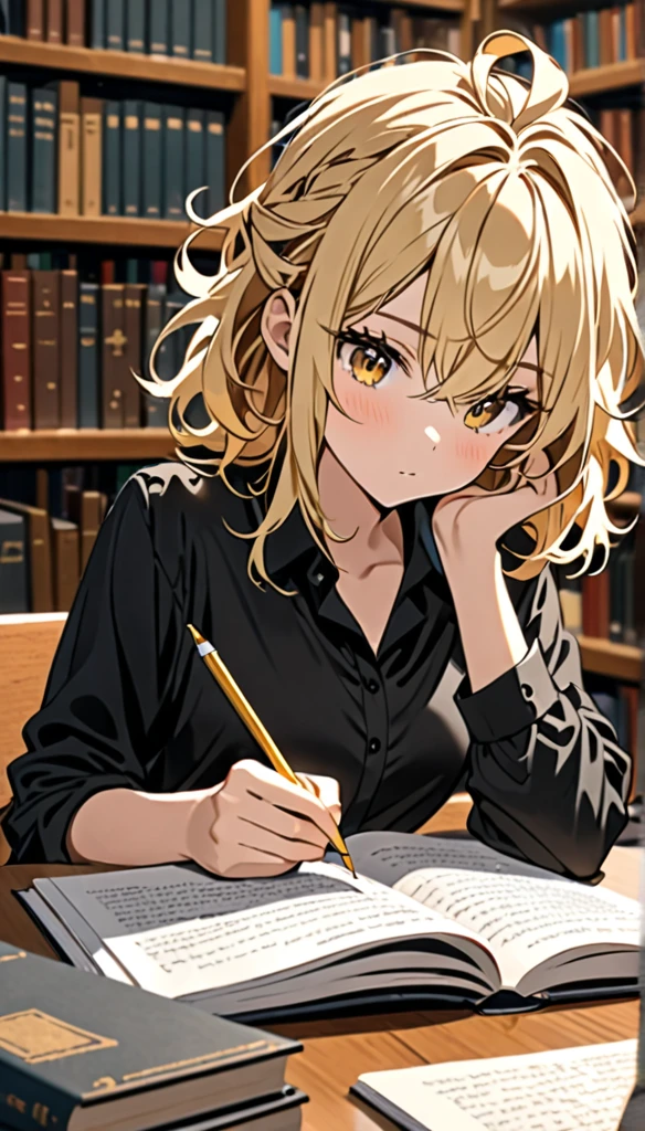 Beautiful and blond, messy styled hair, black shirt, studying in the library, looking fancy,