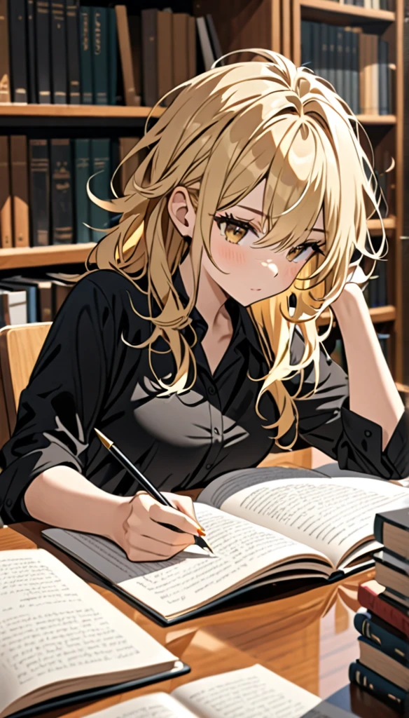 Beautiful and blond, messy styled hair, black shirt, studying in the library, looking fancy,