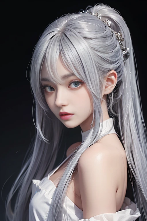 cute、woman、A hairstyle with all hair swept back、Odd Eye、Silver hair back、male、Her hair is shoulder-length、Odd Eye、male&#39;Left eye is red、male right eye blue、Increase the wide angle、Clear Eyes、White and blue magic costume、mini skirt、(A kind smile).
