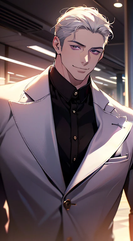 (best quality, masterpiece, 8K, photorealistic, cinematic lighting, hdr image, ultra detailed, beautiful image), 1 man, 31 years old, mature man, very handsome, (without expression, smile), short white hair, violet eyes ( penetrating gaze), perfect face without errors, imposing posture, without errors, businessman, office background