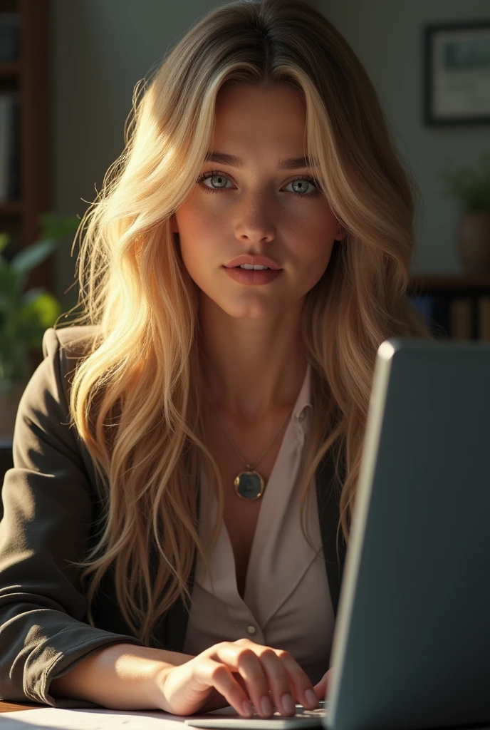 une belle fille aux longs cheveux blonds, detailed eyes, nose, and lips, porter une tenue professionnelle, assise dans son bureau, en utilisant son ordinateur, ordinateur HP (best quality,4K,8k,high resolution,head of&#39;artwork:1.2),ultra-detailed,(realistic,photorealistic,photo-realistic:1.37),HDR,studio lighting,Highly detailed face and body, portrait,Cinematic lighting,Dramatic lighting,warm color tones,couleurs dramatiques