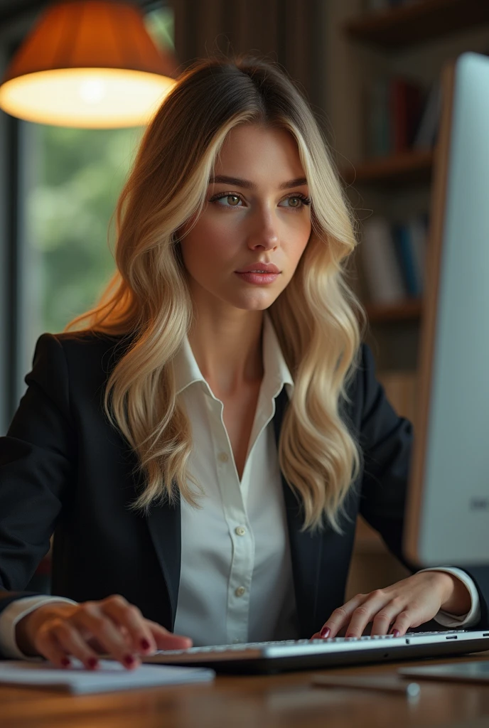 une belle fille aux longs cheveux blonds, detailed eyes, nose, and lips, porter une tenue professionnelle, assise dans son bureau, en utilisant son ordinateur, ordinateur HP (best quality,4K,8k,high resolution,head of'artwork:1.2),ultra-detailed,(realistic,photorealistic,photo-realistic:1.37),HDR,studio lighting,Highly detailed face and body, portrait,Cinematic lighting,Dramatic lighting,warm color tones,couleurs dramatiques