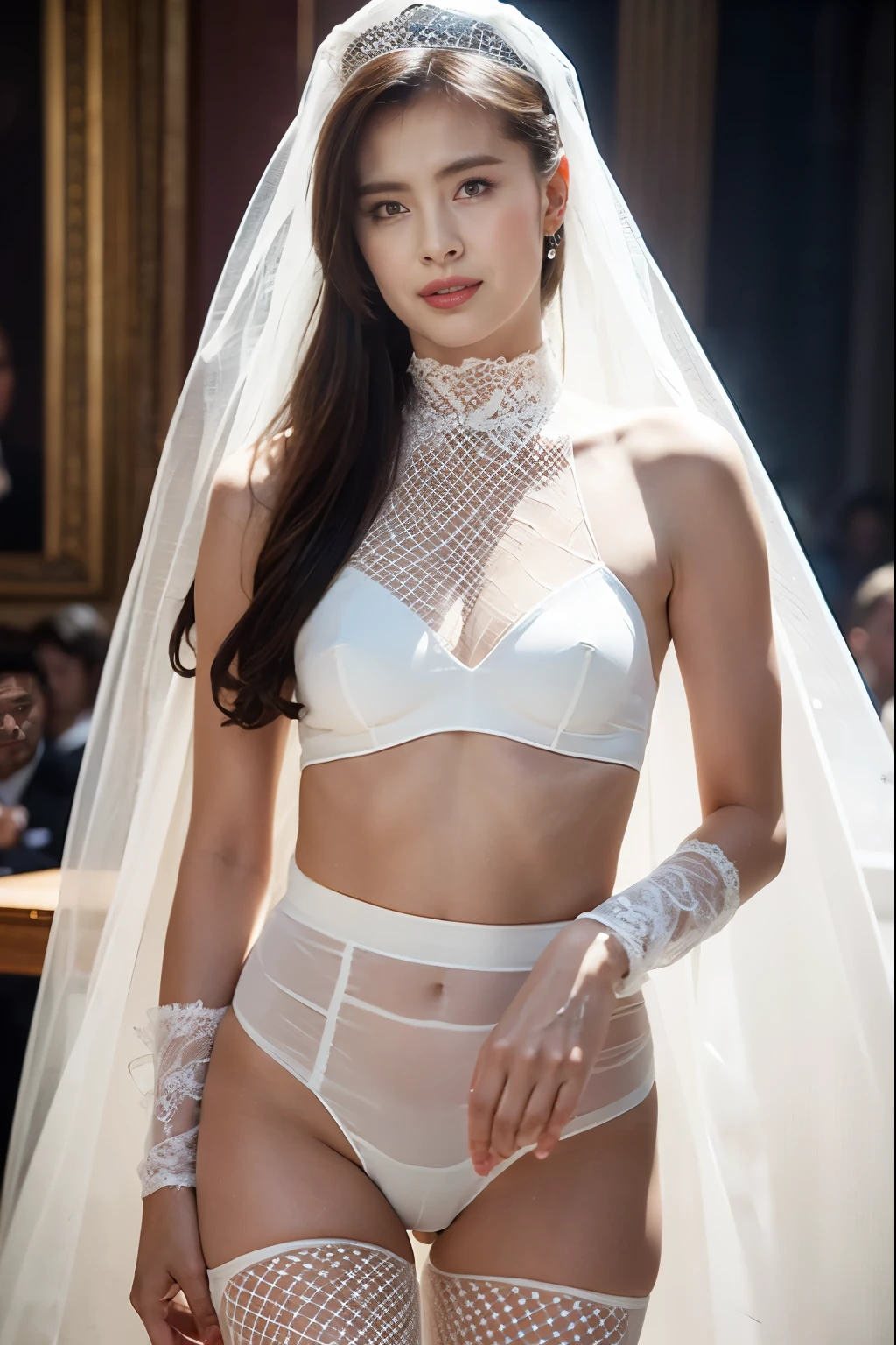 Naked Bride." shape, Big Breasts, Beautiful nipples, Perfect body, whole body , Church wedding, (((There were many participants behind her..))). (((white transparent wedding dress, Cape, Veil, Transparent Micro Panties, Transparent Micro Bra, Fishnet tights.))) . Thick pubic hair. ,(Highest quality, 4K, 8k, High resolution, Tabletop:1.2), Very detailed, (Realistic, Realistic, Photorealistic:1.37), Royal, Enchanting, (Vibrant colors, Sharp Chest:1.1), Soft lighting"Writhing expression. The most beautiful woman in town.