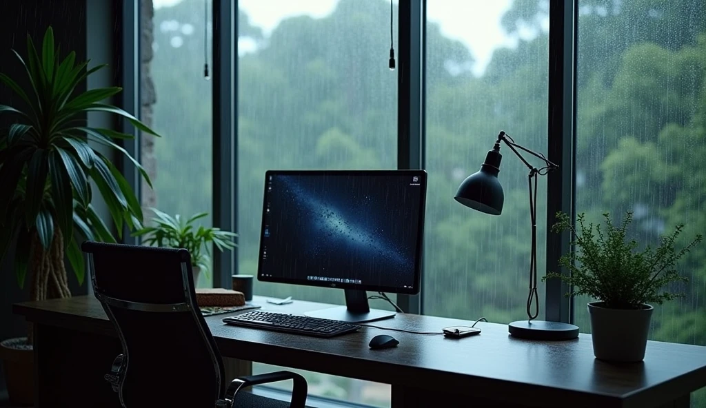 There is a computer on the desk next to a large glass window. It is raining.