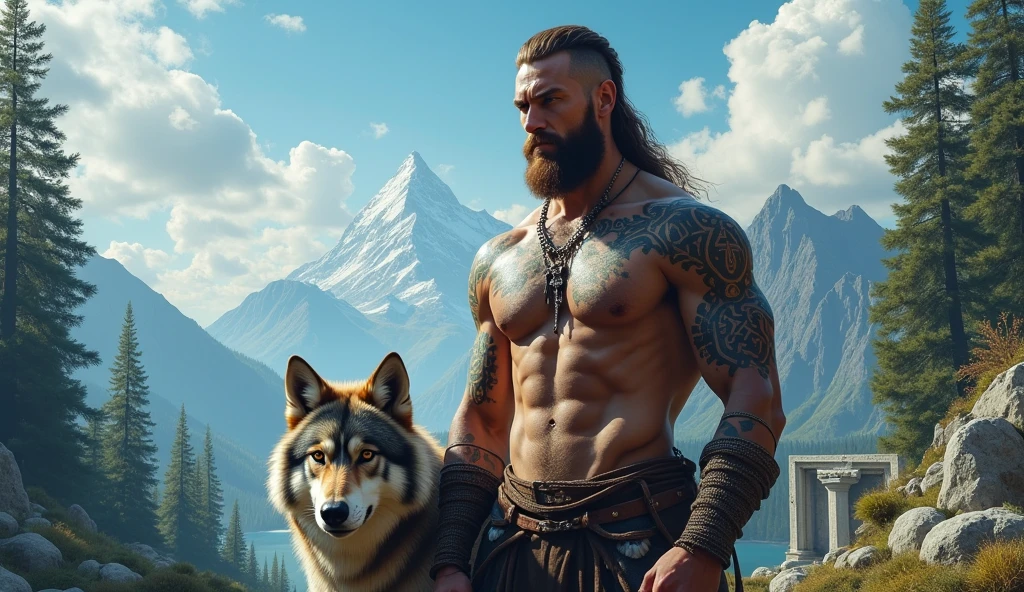 the best quality, very high resolution, detailed 4K CG, Masterpiece artwork, augur, Nordic Deuses, handsome man plus a wolf, rune tattoos, viking, Celtic mountains, tall trees, blue sky, Norse mythology, viking rune tattoo, beautiful aesthetic, Beautiful picture, There are beautiful ancient ruins in the back