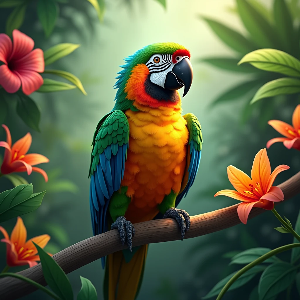 Create a vibrant and detailed image of a parrot perched on a tropical branch. The parrot should have bright, multi-colored feathers with shades of green, blue, red, and yellow. Surround the parrot with lush, green foliage and colorful tropical flowers. Make sure the parrot's eyes are expressive and the overall setting exudes a lively, exotic atmosphere.