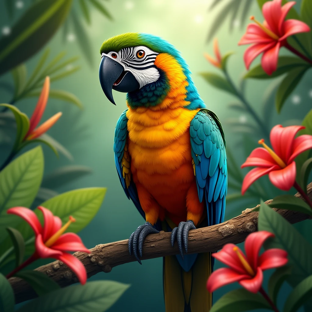 Create a vibrant and detailed image of a parrot perched on a tropical branch. The parrot should have bright, multi-colored feathers with shades of green, blue, red, and yellow. Surround the parrot with lush, green foliage and colorful tropical flowers. Make sure the parrot's eyes are expressive and the overall setting exudes a lively, exotic atmosphere.