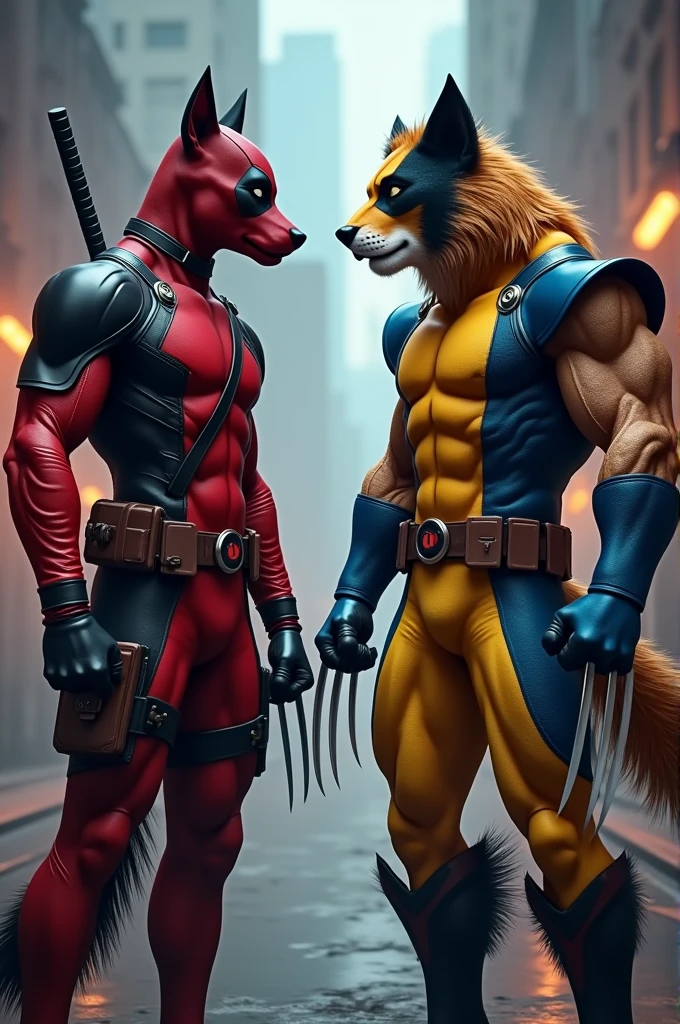 Two male furries wearing Deadpool and Wolverine costumes