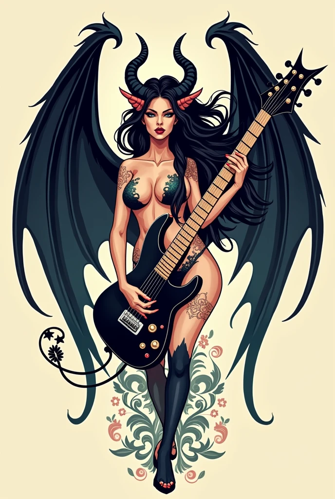 flat vector logo of a sexy demon woman with wings playing guitar