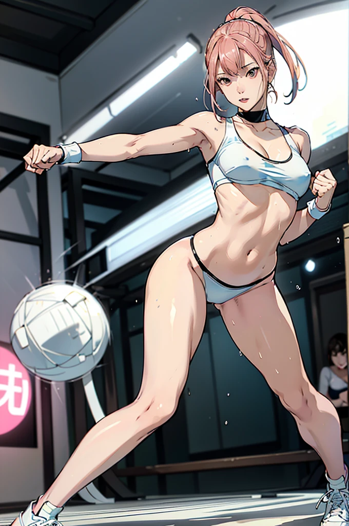 An ultra-detailed full-body illustration, style of 1980s Japanese comics, 8k resolutions, 1girl, solo, Sharp Focus, slender leg, Characterize by alluring, The character has striking pink hair, Perfect Figure with pale skin and a slender physique. she soaking wet, She is training intensely in a boxing ring, wearing white mesh crop-top with no bra, white sheer t-back bikini with no pant, black open-finger boxing gloves, and sneakers, bra comes off, nipples, highlight breast, wet clothes, wet body. The scene is vibrant with retro colors and dynamic lines, capturing the intensity of her workout while blending a sporty, fashionable, and retro aesthetic.
