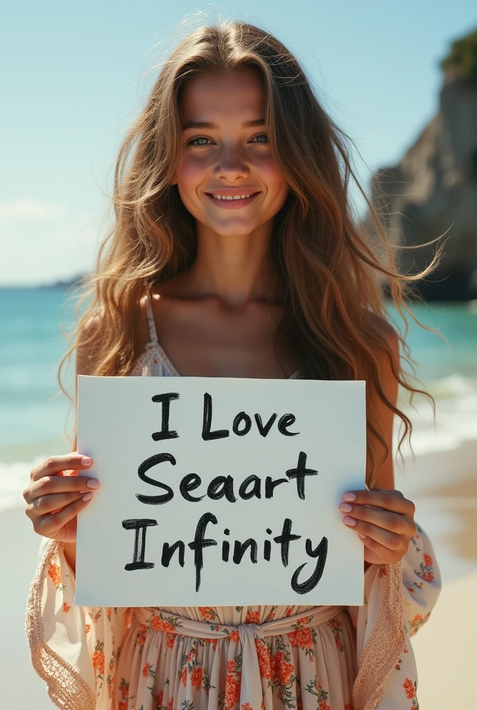 Beautiful girl with wavy long hair, bohemian dress, holding a white board with text "I Love Seaart Infinity" and showing it to the viewer