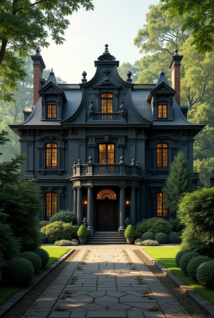 Mansion in the suburbs of London near the forest in modern and dark Louis XV style