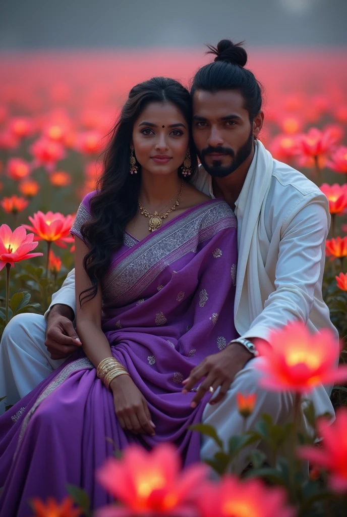 beautiful field with flowers, many flowers with purple shade. there in the flowers sits a woman of Indian origin, slightly dark-skinned in a purple beautiful sari. gorgeous beautiful saree it's a bit dark outside. the flowers are glowing and the sari is beautiful with silver tones. with a very handsome guy next to him. he has a white, men's sari, his hair is a little long and there is a small bun at the back. he is very handsome