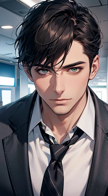 (Highest quality,4K,8K,High resolution,masterpiece:1.2),Super detailed,(Realistic,photoRealistic,photo-Realistic:1.37),1 person,35 years old,Mature Men,Beautiful skin、very handsome,Expressionless,Short gray Black hair,green eyes,Sharp Eyes,A perfect face without a doubt,Businessman, CEO, Office Background,Cinema Lighting,HDR image,tie、