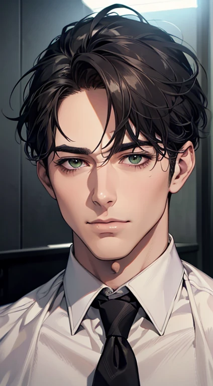 (Highest quality,4K,8K,High resolution,masterpiece:1.2),Super detailed,(Realistic,photoRealistic,photo-Realistic:1.37),1 person,35 years old,Mature Men,Beautiful skin、very handsome,Expressionless,Short gray Black hair,green eyes,Sharp Eyes,A perfect face without a doubt,Businessman, CEO, Office Background,Cinema Lighting,HDR image,tie、