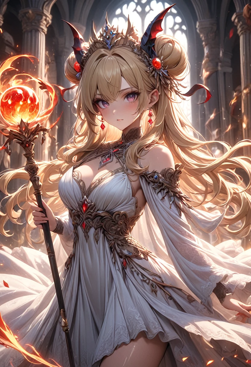 ((masterpiece)), (Textured Skin), ((High Detail)), best quality, The award-winning, 8K, Beautiful woman, Silk dress, noble, Princess, Queen, Blonde, Half bun, Hair flap, jewelled headdress, Crystal Earrings, S((best quality)), 1 Girl, Succubus，Holding a magic wand，Thunder and Lightning，（electrical arcs），electrical arcs，（lightning），（flame），（Fireball）