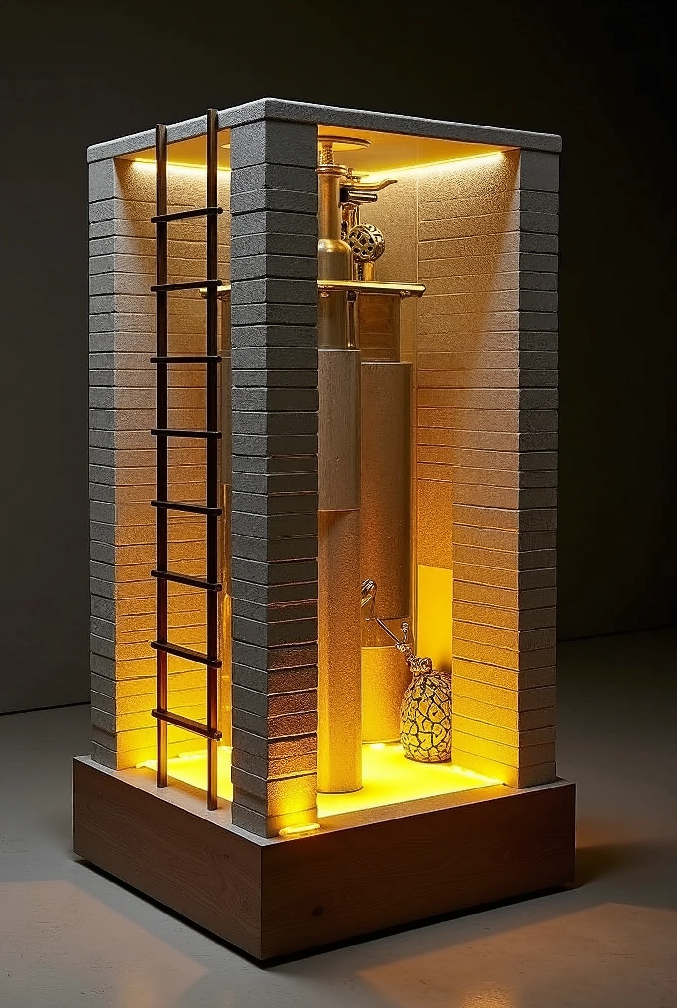 A rectangular table designed to look like a deep well, thanks to its reflective glass top that creates a stunning visual effect resembling an endless tunnel.. The well features walls covered in a prominent grey brick look, illuminated from within by warm yellow LED lighting.. Inside the well, there are modern decorations including a modern-looking ladder, giving the table a sense of luxury and innovation.. The table is mounted on a sturdy wooden base, which enhances its stability and beauty.
