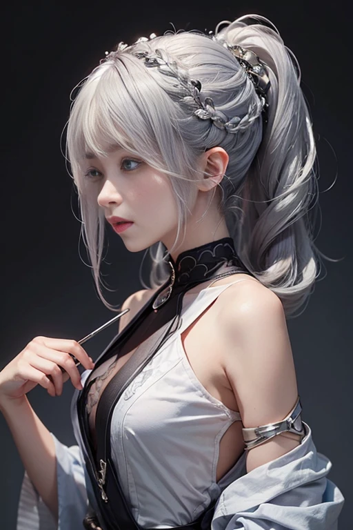 cute、woman、A hairstyle with all hair swept back、Odd Eye、Silver hair back、male、Her hair is shoulder-length、Odd Eye、male'Left eye is red、male right eye blue、Increase the wide angle、Clear Eyes、White and blue magic costume、mini skirt、(A kind smile).(In town)、