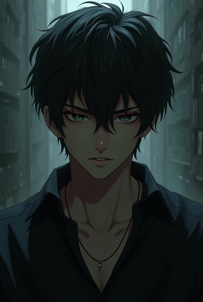 A 28-year-old Asian male with a dark and twisted background. He has a sharp facial structure with a melancholic yet intense expression. His eyes are narrow, reflecting emptiness and pain, but occasionally show unexpected gentleness. His hair is slightly messy, jet-black, with a few strands falling over his forehead as if hiding part of his identity. He wears a dark, modern outfit—perhaps a black shirt or jacket—tainted with subtle stains or tears, hinting at a troubled past. A small necklace hangs around his neck, carrying deep personal meaning. His posture is usually reserved, quiet, and introverted, but when his darker side emerges, his demeanor shifts, revealing an aura of anger and sorrow. The background should be dimly lit, emphasizing the character’s internal conflict, with shadows that almost seem alive, representing his haunted past."