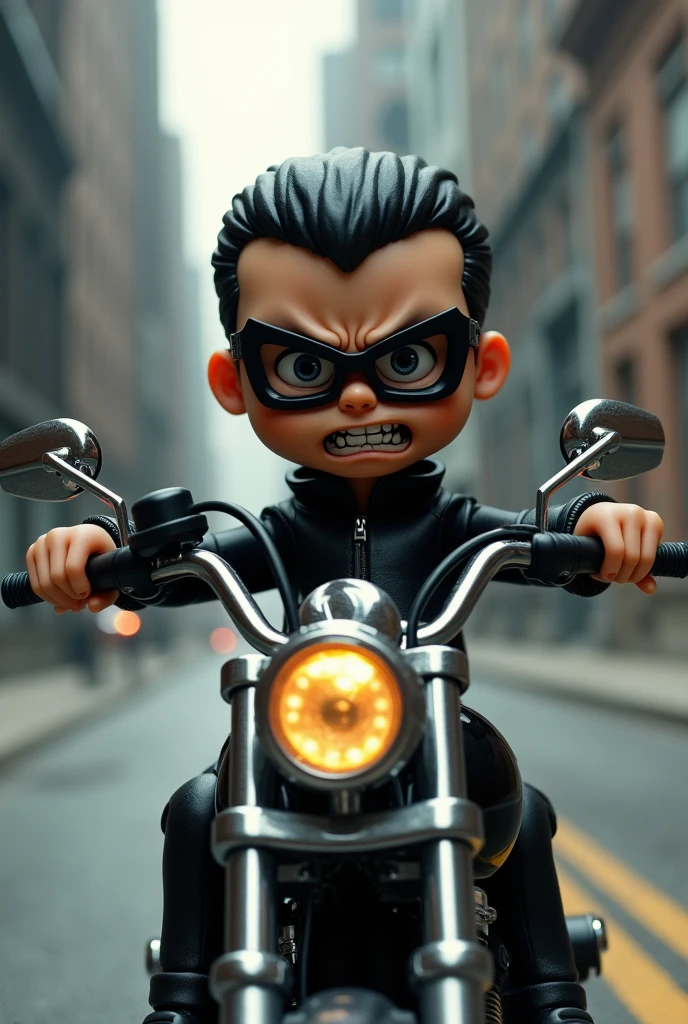 intensely angry doll, wearing black glasses and riding a Harley motorcycle