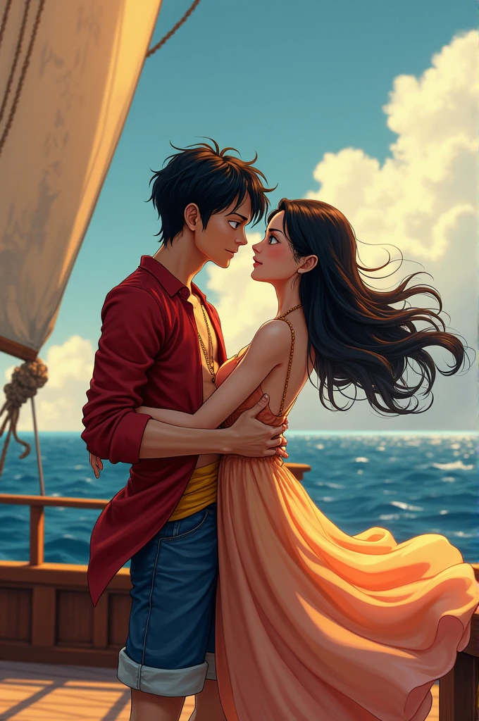 Luffy and boa hancock setting in ship with luffy romantic image 
