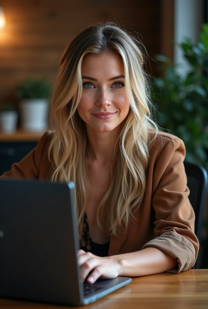 une belle fille aux longs cheveux blonds attaché, yeux détaillés, nez, et les lèvres, porter une tenue sexy, assise dans son bureau, en utilisant son ordinateur, ordinateur HP (Meilleure qualité,4k,8k,haute résolution,chef-d'œuvre:1.2),ultra-détaillé,(Réaliste,photoRéaliste,photo-Réaliste:1.37),HDR,éclairage de studio,visage et corps extrêmement détaillés, portrait,Éclairage cinématographique,Éclairage dramatique,tons de couleurs chaudes,couleurs dramatiques