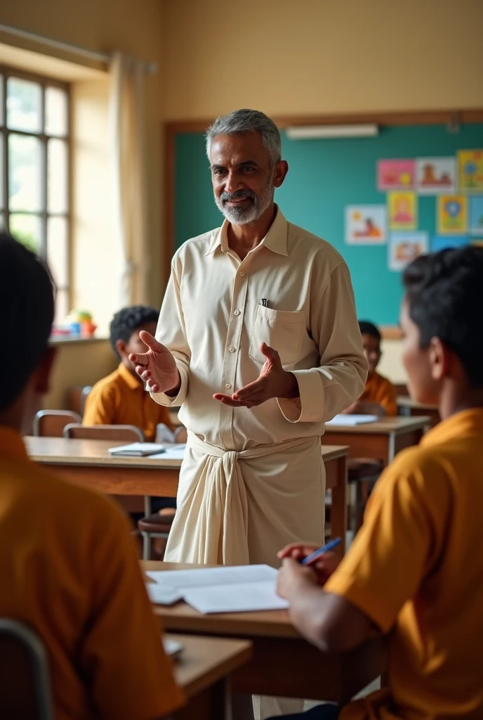 A male Indian school teacher teaching practical seating 