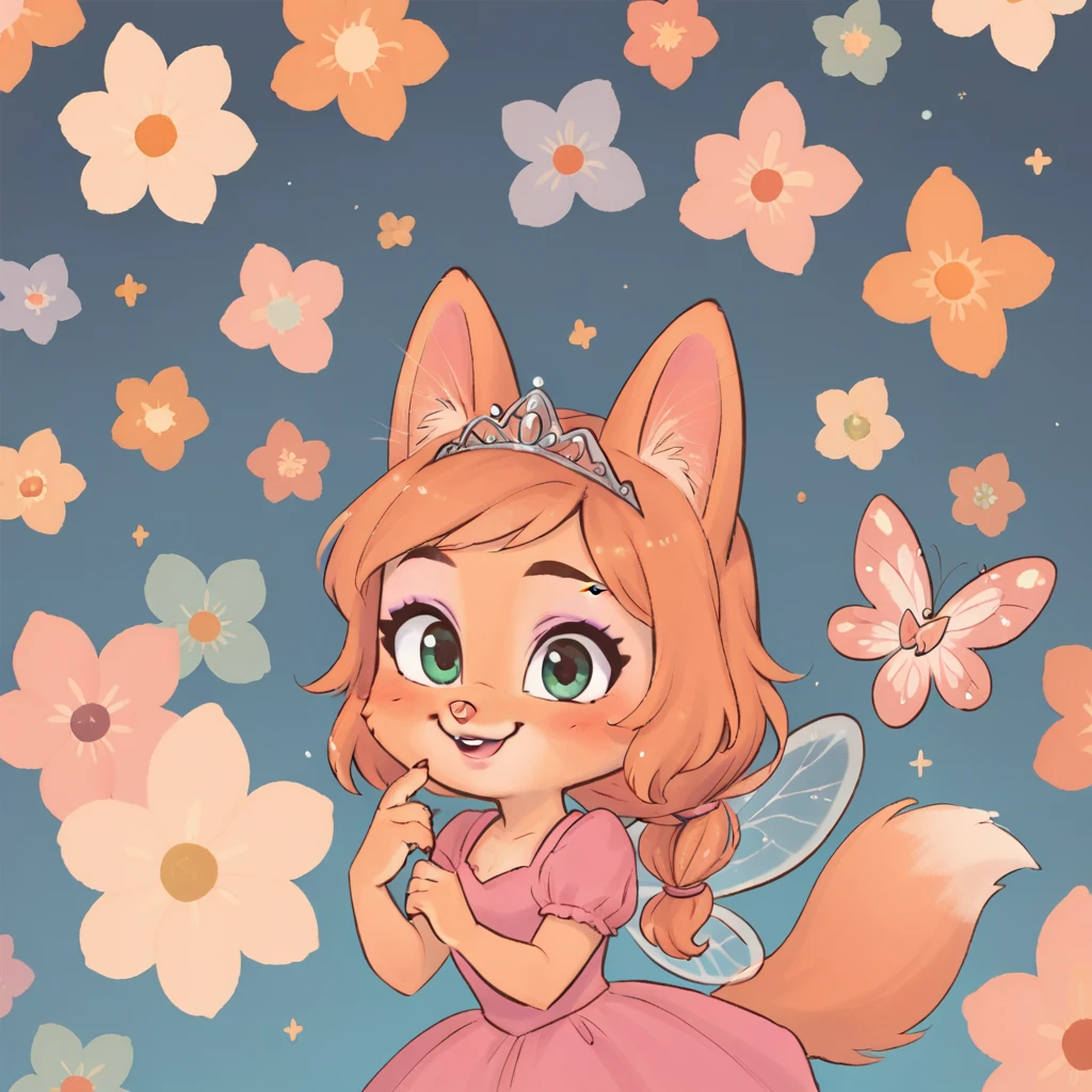 little fox, kid girl fox, little kid, ginger fur, long hair, ginger hair, dusty-pink nose, fox tail, fox ears, face similar of Diane Foxington, kid, , cute, princess dress, pink princess dress, pink dress, tiara, fairy wings, princess, chibi, alone, ginger hair, tied hair with pink hair tie, pink makeup, pink lipstick, smile, blush, cartoon, toon, chibi, cute girl, cub
bedroom, pink bedroom, kid backroom, toys