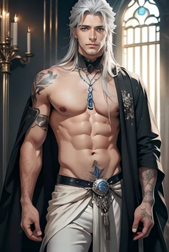 8k, sophisticated, elegant, highly detailed, majestic, digital photography, surreal painting, magic, magic, fairy tale, (Masterpiece, side light), hdr, (Bright blue eyes), Naked upper body, (shiny tattoo), Handsome adult man, long beautiful straight platinum hair below the shoulders, a long neck. athletic body, beautiful proportioned male figure, tanned skin, Handsome, in front of the camera - just a masterpiece. realistic. a full-length image. Long hair below the shoulders. grey clothes. He holds a large silver sword in his hands. a well-proportioned male body.
