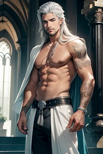 8k, sophisticated, elegant, highly detailed, majestic, digital photography, surreal painting, magic, magic, fairy tale, (Masterpiece, side light), hdr, (Bright blue eyes), Naked upper body, (shiny tattoo), Handsome adult man, long beautiful straight platinum hair below the shoulders, a long neck. athletic body, beautiful proportioned male figure, tanned skin, Handsome, in front of the camera - just a masterpiece. realistic. a full-length image. Long hair below the shoulders. grey clothes. He holds a large silver sword in his hands. a well-proportioned male body.