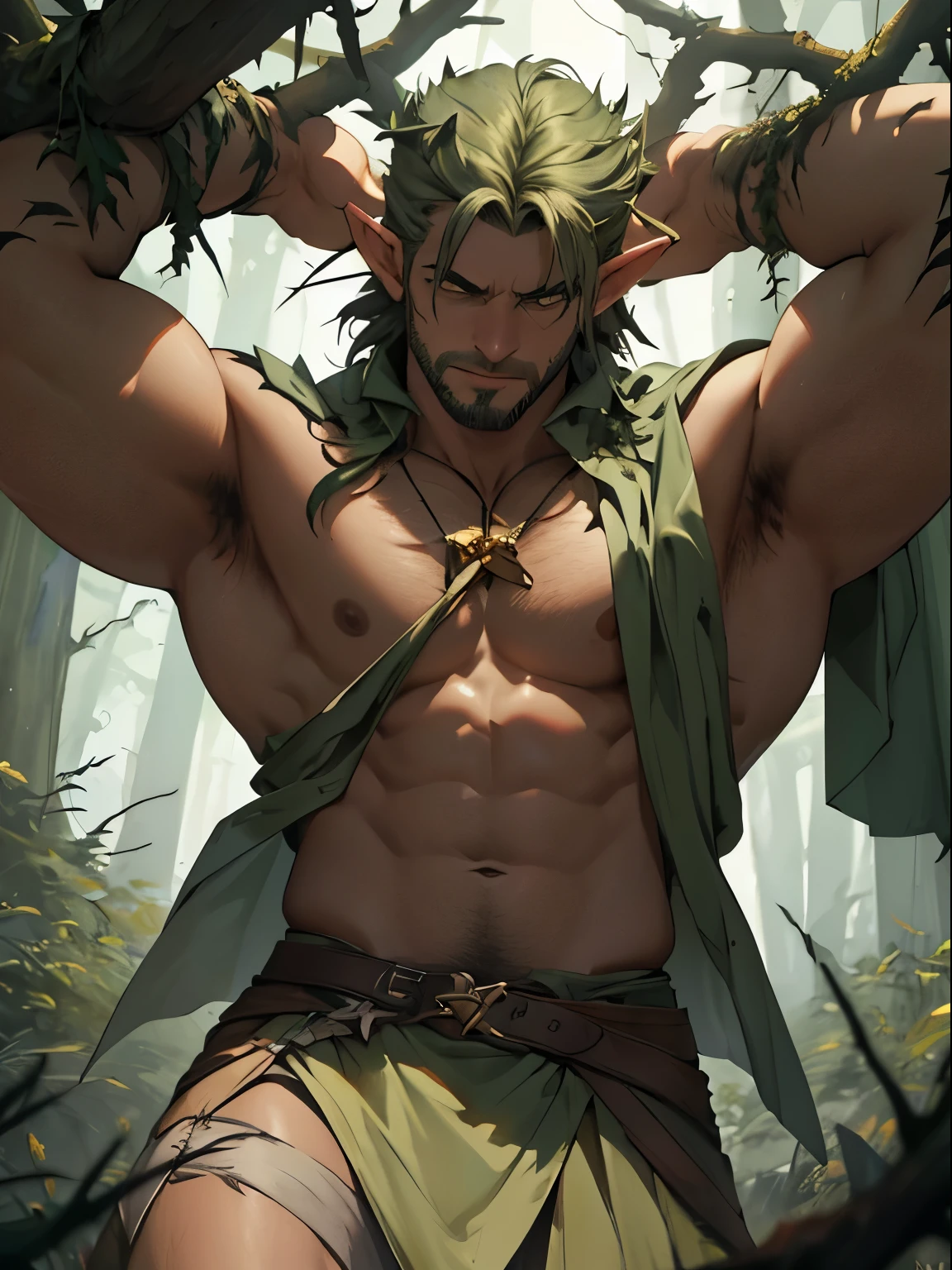 (masterpiece: 1.2), (very detailed: 1.2), (perfectly detailed), (very detailed and beautiful: 1.1) solo, 1 boy, male only, muscular male, dynamic pose, shaved temples, thick stubble, has thick stubble, body hair, action scene, detailed face, at full height, nature magic, forest elf, conjuring nature magic, thorns, thorns wrap around the body,