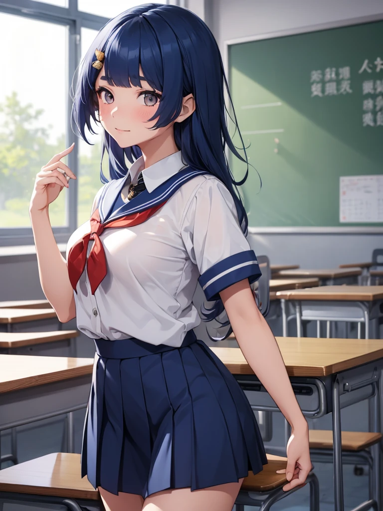 (Xiangling), 1girl, as a highschool girl, wearing a school uniform with white shirt and blue skirt, at a classroom , (dark blue colour hair), 8k, high detailed, high quality