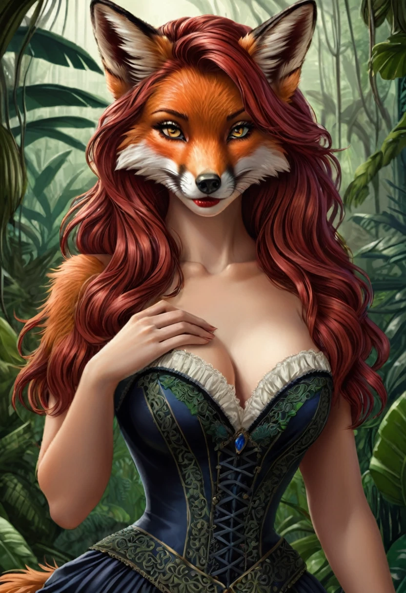 female fox mid transformation, solo, masterpiece, best art, victorian dress. detailed hands, detailed eyes, detailed torso, jungle, expression, transformation, human face, red shaggy hair. Hourglass figure. red lip stick, sexy pose.
