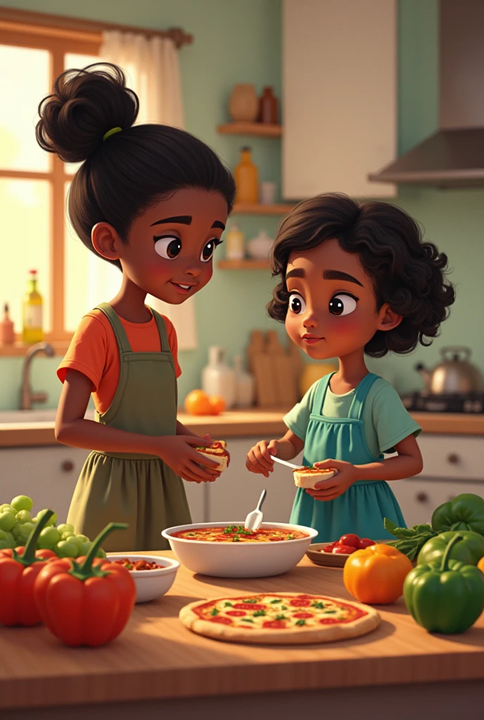 A Day in the Life of Hansel and Gretel"
context: Hansel and Gretel are siblings who live in a house where the family is trying to adopt healthier eating habits... today, their mother is a little busy, and they need to make some food decisions on their own. One of them is wearing pants and the other is wearing a dress. Eles são negros.
Parte 4: O Jantar
a) A mãe pede uma pizza e serve com refrigerante.
b) Eles preparam uma sopa de legumes e um suco natural.