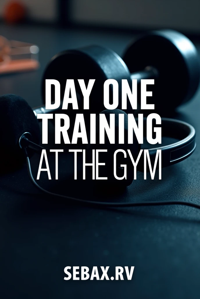 Create me a banner for YouTube where it says "DAY ONE TRAINING AT THE GYM" and as small text "SEBAX.RV" and put some dumbbells and headphones in the background 
