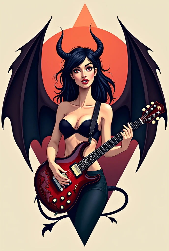flat vector logo of a sexy demon woman with wings playing guitar