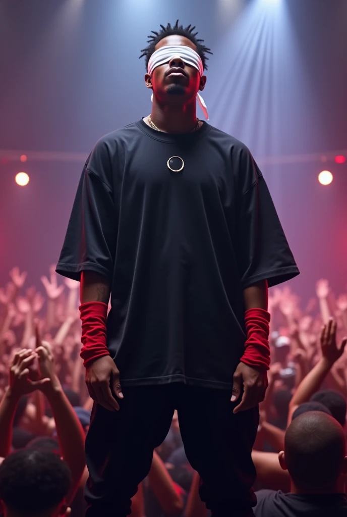 1 rapper, 30 yrs old, white blindfold, short black hair, race:black, oversized black tshirt & pant, red band on forearms, singing on mike, standing in a big crowd.