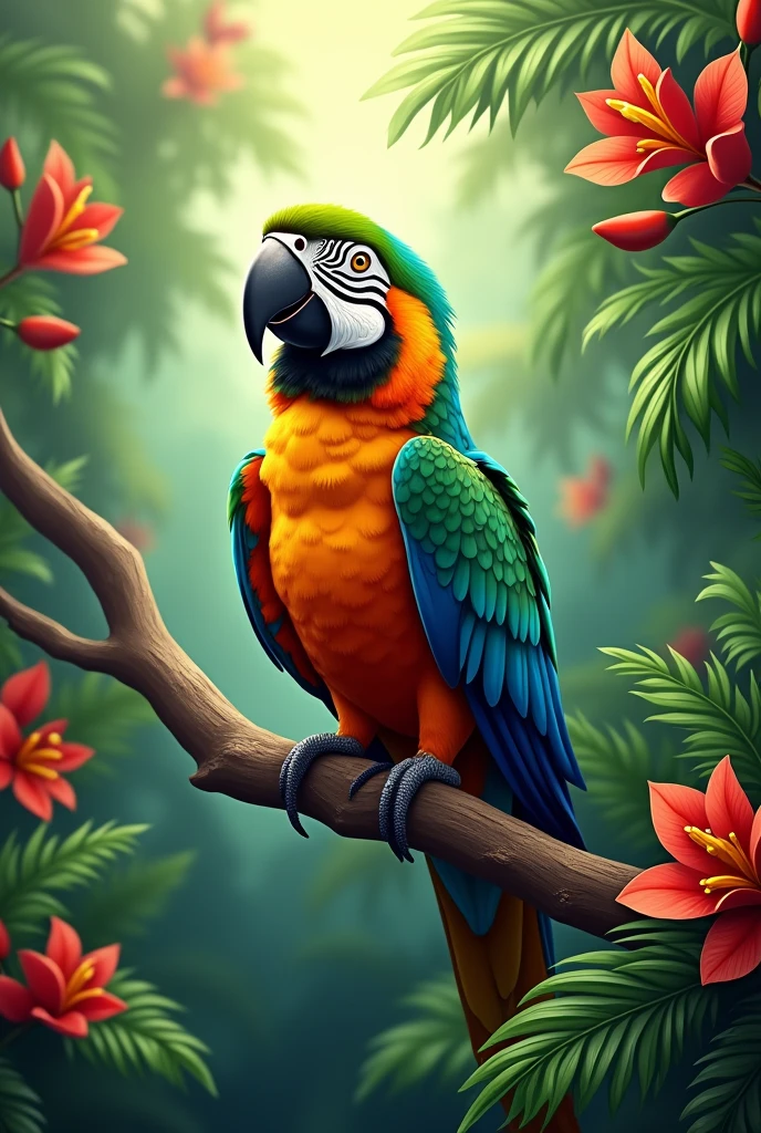 Create a vibrant and detailed image of a parrot perched on a tropical branch. The parrot should have bright, multi-colored feathers with shades of green, blue, red, and yellow. Surround the parrot with lush, green foliage and colorful tropical flowers. Make sure the parrot's eyes are expressive and the overall setting exudes a lively, exotic atmosphere.