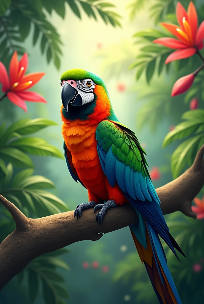 Create a vibrant and detailed image of a parrot perched on a tropical branch. The parrot should have bright, multi-colored feathers with shades of green, blue, red, and yellow. Surround the parrot with lush, green foliage and colorful tropical flowers. Make sure the parrot's eyes are expressive and the overall setting exudes a lively, exotic atmosphere.