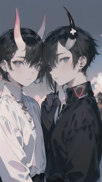 (Masterpiece), (Best Quality), Very detailed, (( two good Friends:2.2)), Perfect Face, Beautiful Face, Very detail, (short Black-haired man 1.3), (short White-haired man with two horns 1.3)、white shirt、standing at a distance, facing away from the camera