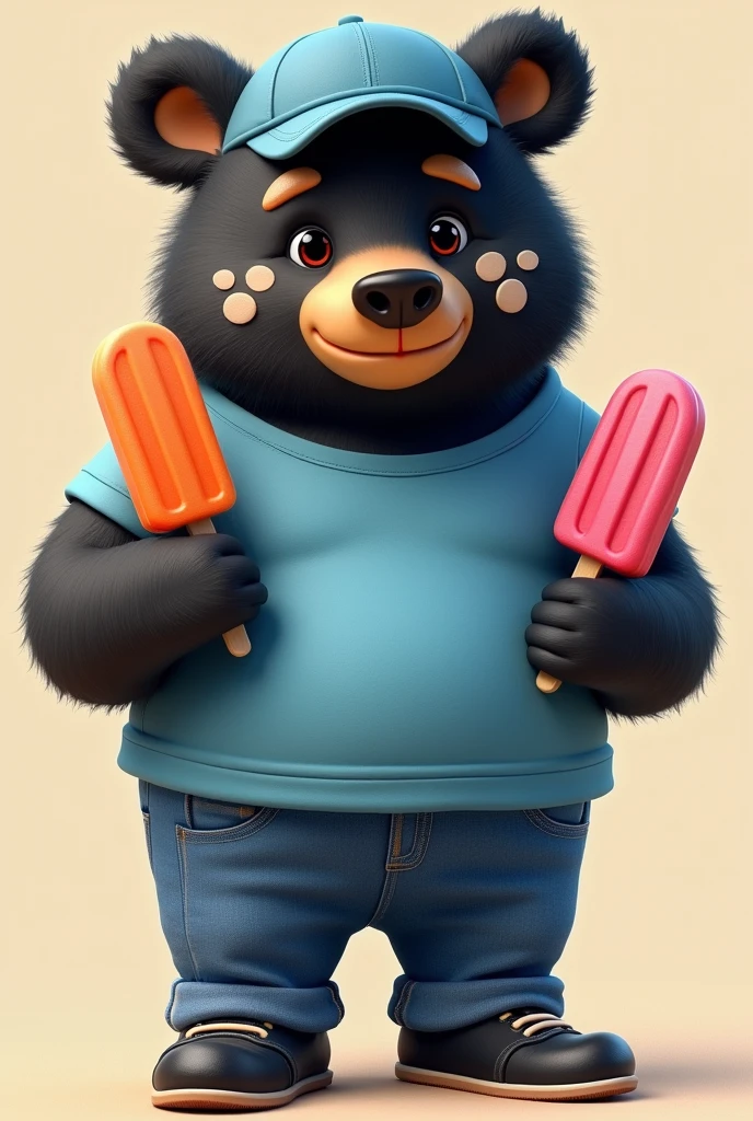 Black frontino bear with whitish spots extending around the eyes and nose through the cheeks, down the neck to the chest, wearing a blue sports shirt, jeans, black shoes and blue cap with popsicle ice cream in each hand