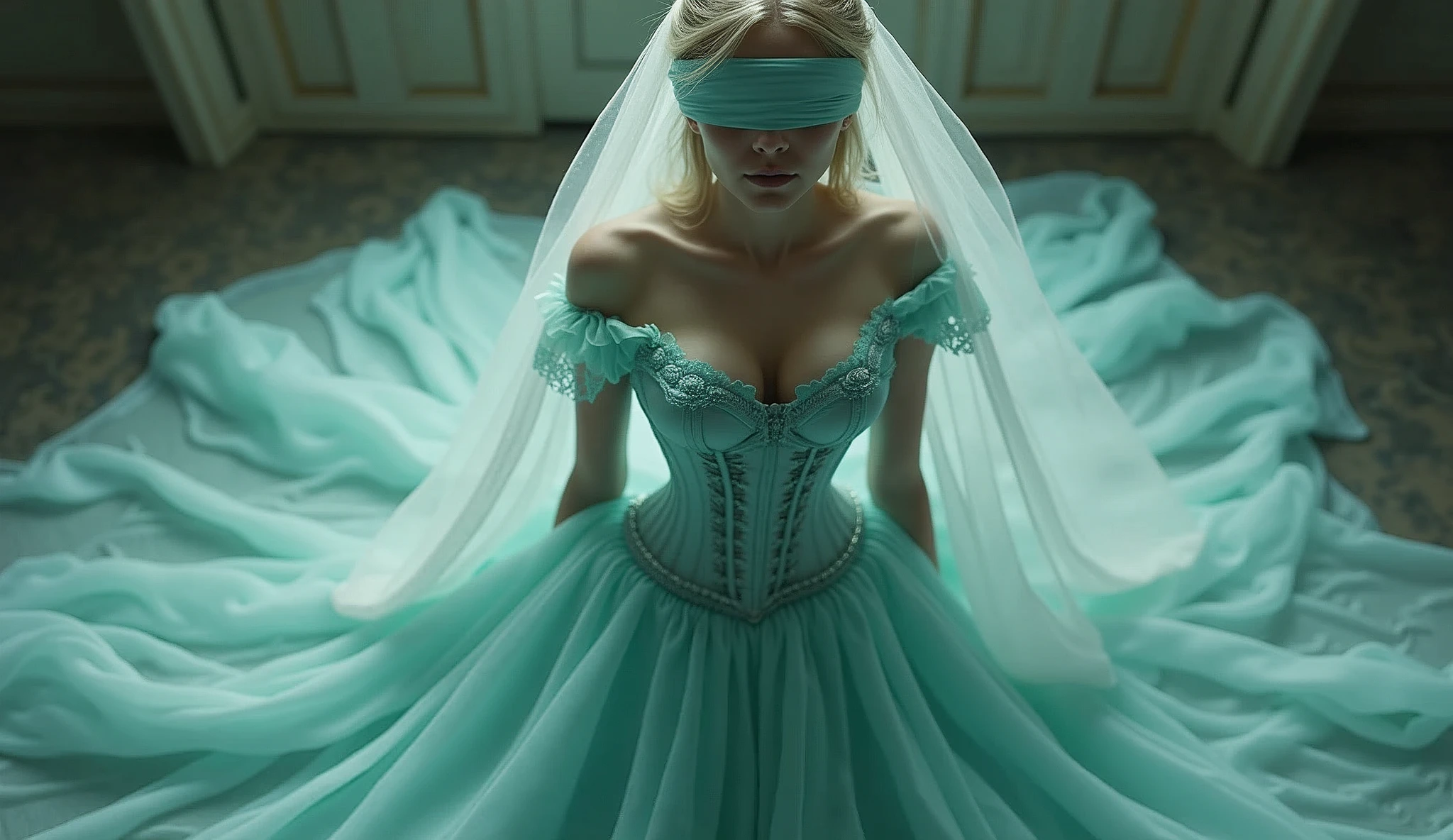 Bird´s-eye view, blindfolded White french woman with super extremly tight tiny waist and see through sheer turquoise corset, beautiful ****ta dress with petticoat, blindfolded and a long white veil, Bird´s-eye view, sf, intricate artwork masterpiece, ominous, matte painting movie poster, golden ratio, trending on cgsociety, intricate, epic, trending on artstation, by artgerm, h. r. giger and beksinski, highly detailed, vibrant, production cinematic character render, ultra high quality model