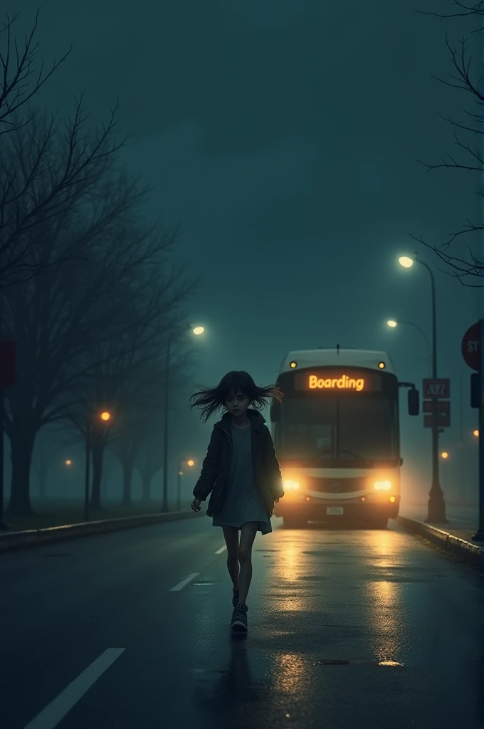 Julia ran across the road to the bus that was stopped at the boarding point. It was night. She was alone and scared.